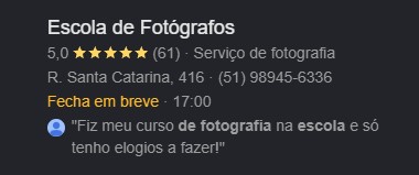 Escola de Fotógrafos: nota 5 de 5 no Google